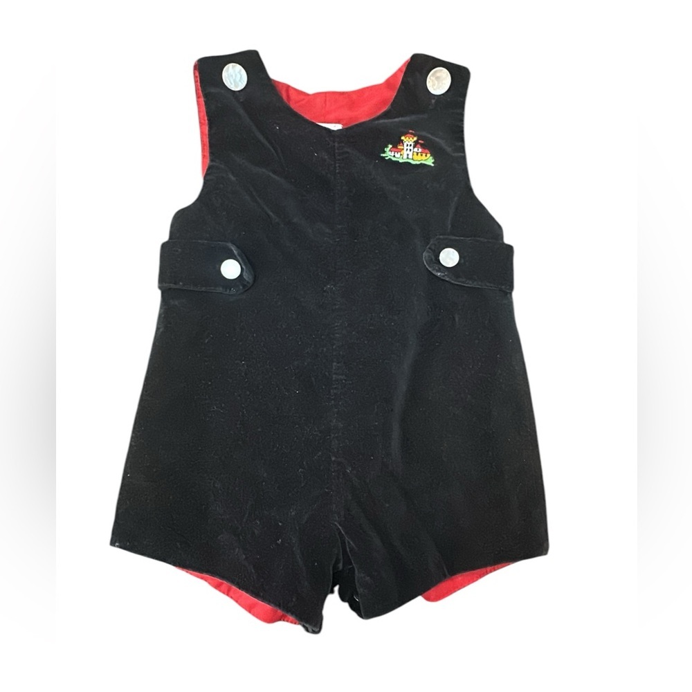 Vintage Baby Romper Black Velvet Red Lined Embroidered‎ Castle Size 18 Months